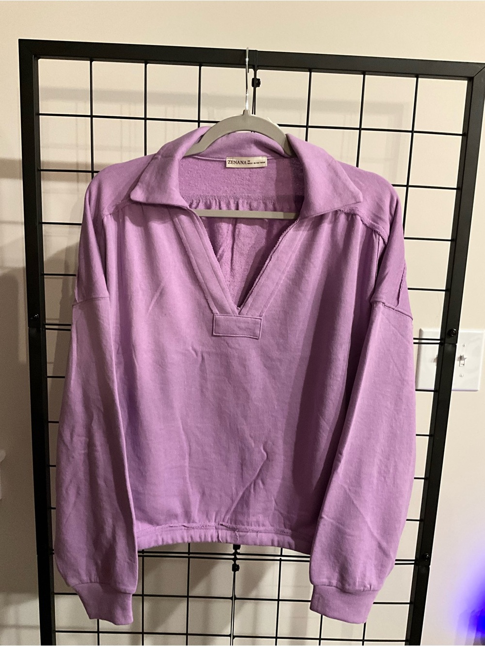Zenana Outfitters Lilac Open V-Collar Pullover Sweatshirt